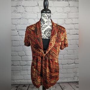 REQ women's Short Sleeve Geometric print Cowl Neck Sz Medium Stretch Knit BBIN